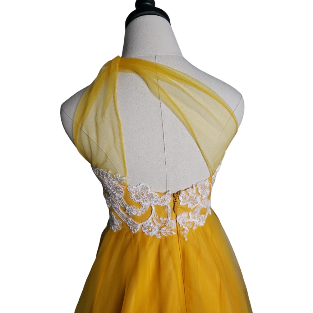 Azazie Ball Gown XS Golden Saffron Fantasy Fairy Tulle Lace One Shoulder Prom - Picture 6 of 17